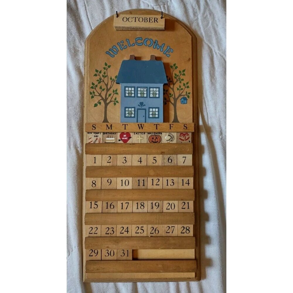 17"X7" Vintage Wood Perpetual Wall Calendar Cottage House Trees Birdhouse